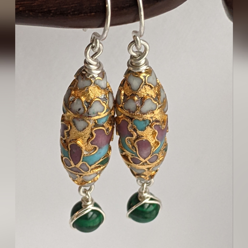 Authentic Vintage Cloisonne Earrings Sterling Silver Gold Toned with Malachite - Picture 8 of 12